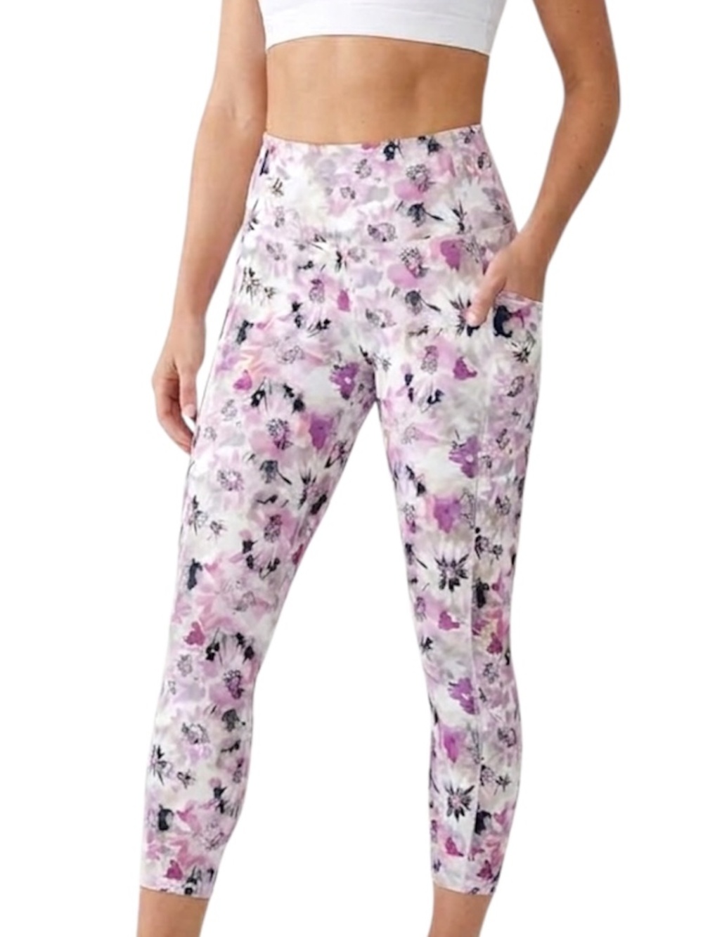 RBX Active white pink grey watercolour floral 7/8 high rise pocket leggings S